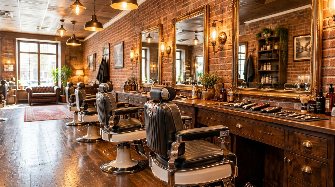 Gold shelving of hair products, a marble counter and a styling chair in a bright salon corner