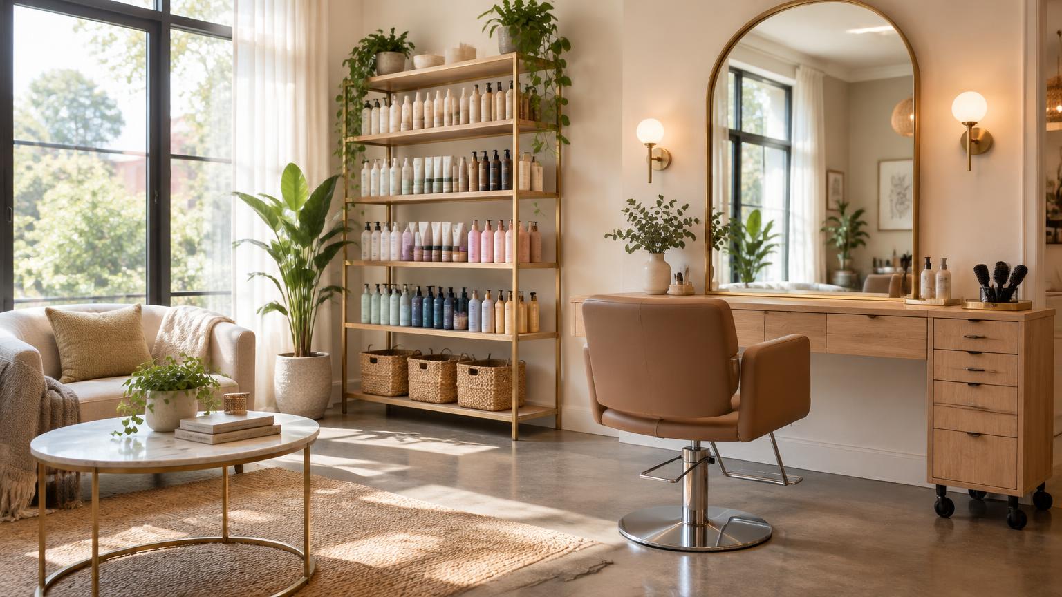 A bright hair resource center lounge with a styling station, a gold-framed mirror and shelves of hair products