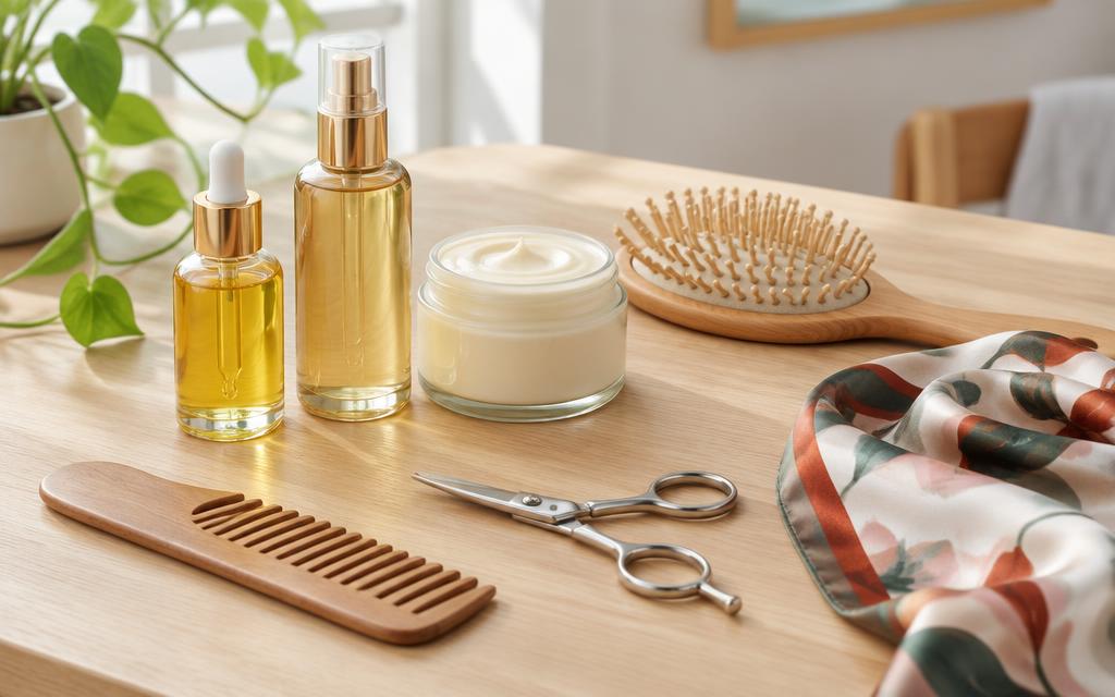 Hair oils, creams, a wooden brush, scissors, a comb and a silk scarf arranged on a light wood table