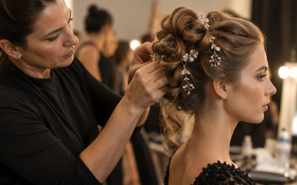 A stylist finishing an elaborate updo on a model backstage at a hair showcase event