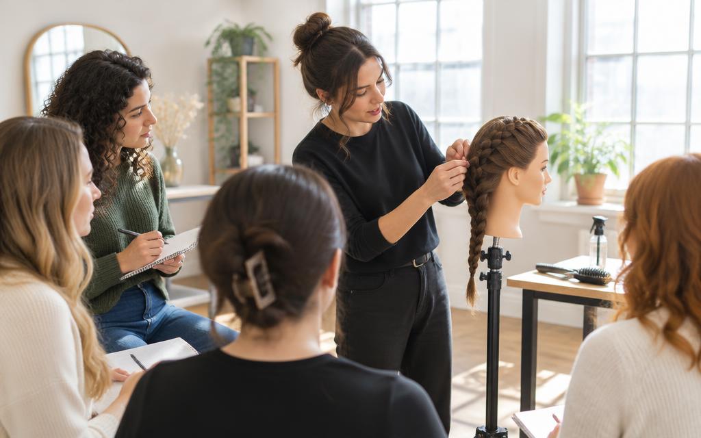 A stylist demonstrating braiding on a mannequin head while a small group watches and takes notes