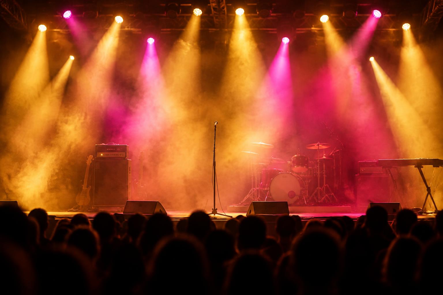 A live concert stage glowing with spotlights
